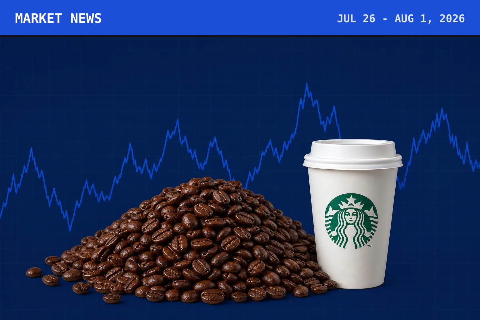 A heap of glossy roasted coffee beans as the lead subject, with a Starbucks takeaway cup beside it, under a cobalt Market News banner carrying the week's dates
