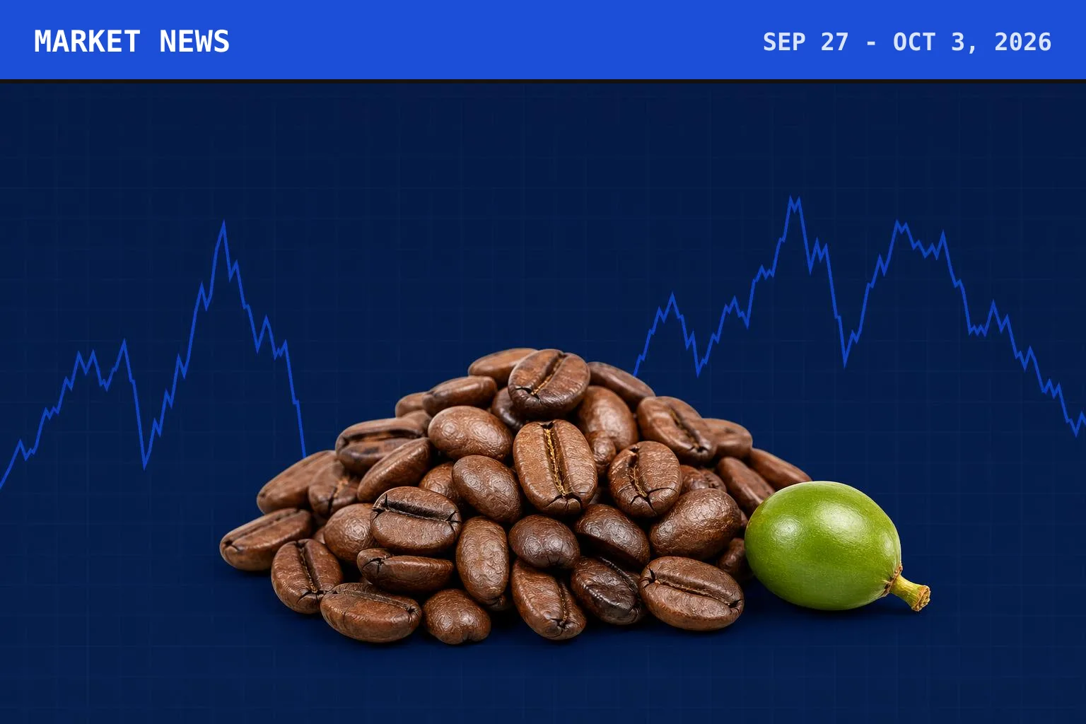A cutout photograph of a heap of roasted coffee beans with a single coffee cherry beside it, set against a stylised patterned field, under a cobalt Market News banner carrying the week's dates