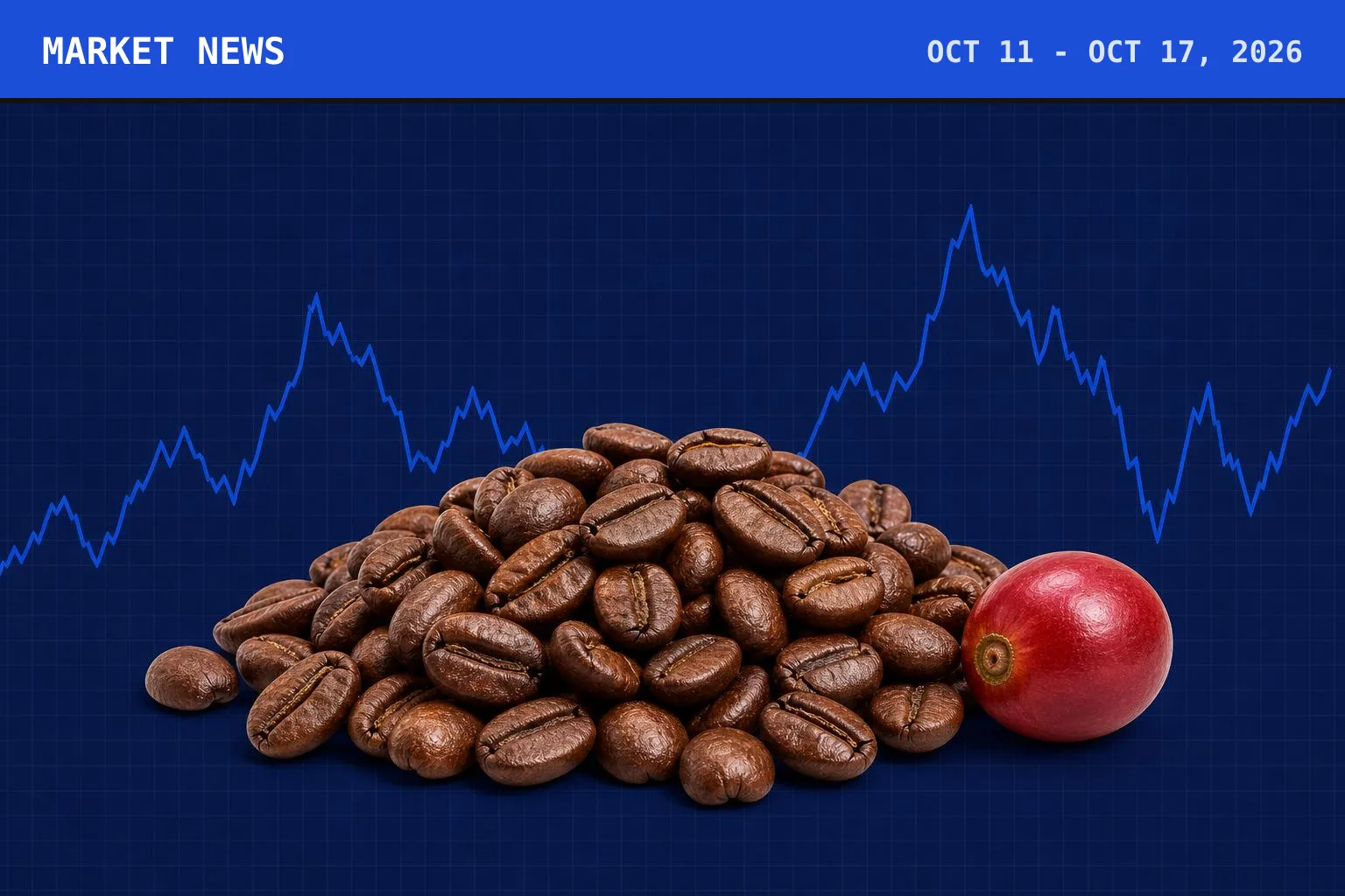 A heap of glossy roasted coffee beans with one ripe red coffee cherry beside it, set on a stylised patterned field, under a cobalt Market News banner carrying the week's dates