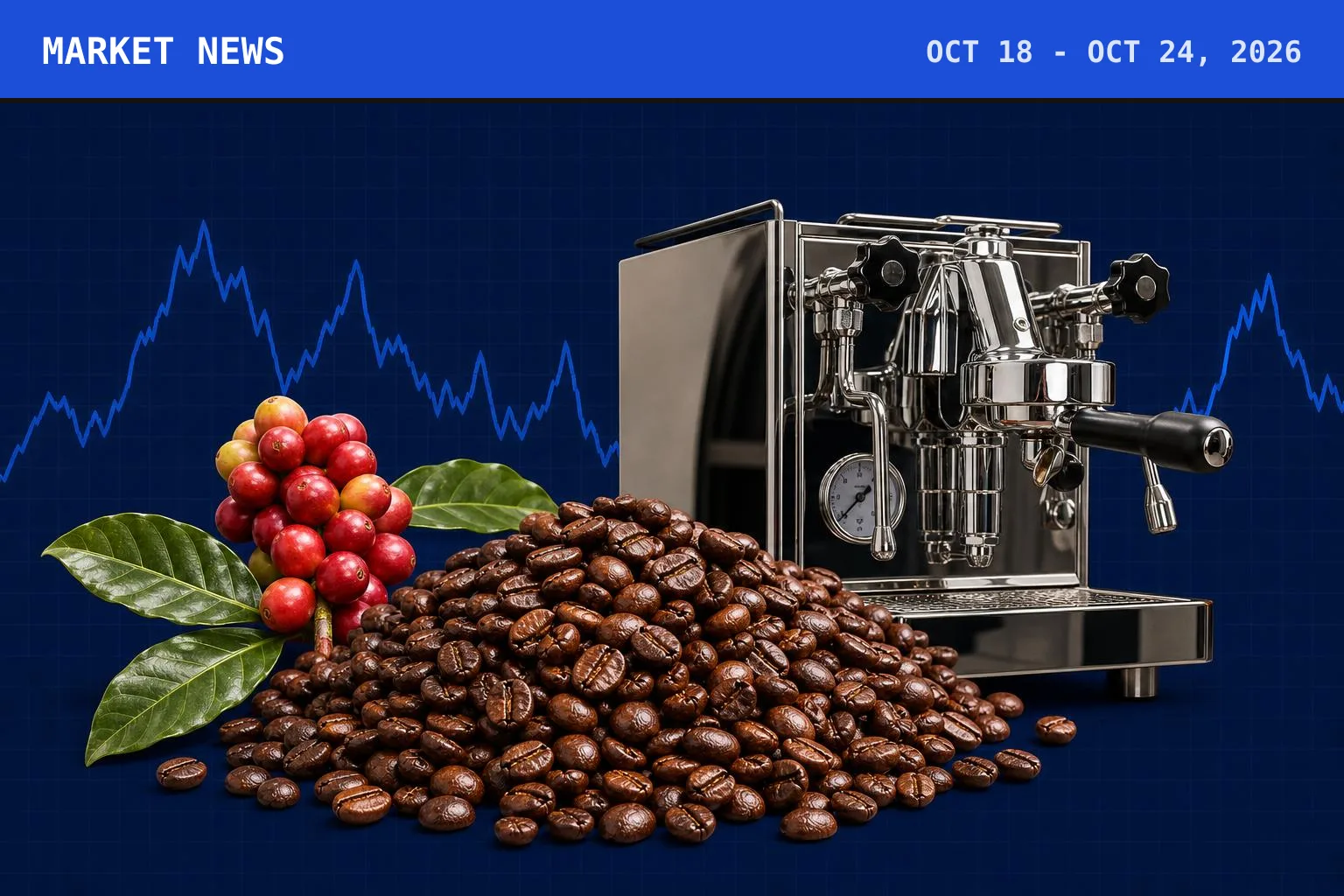 A heap of glossy roasted coffee beans with a chrome professional espresso machine and a cluster of ripe coffee cherries beside it, set on a stylised patterned field, under a cobalt Market News banner carrying the week's dates