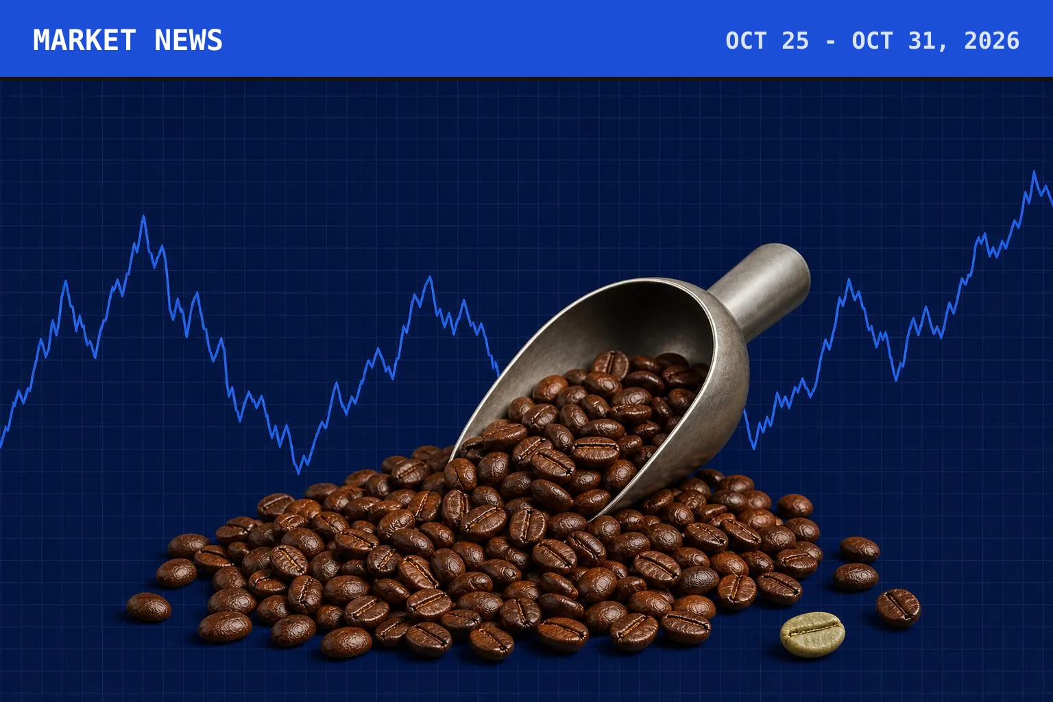 A heap of glossy roasted coffee beans spilling from a plain scoop, with one green bean beside it, on a stylised patterned field, under a cobalt Market News banner carrying the week's dates