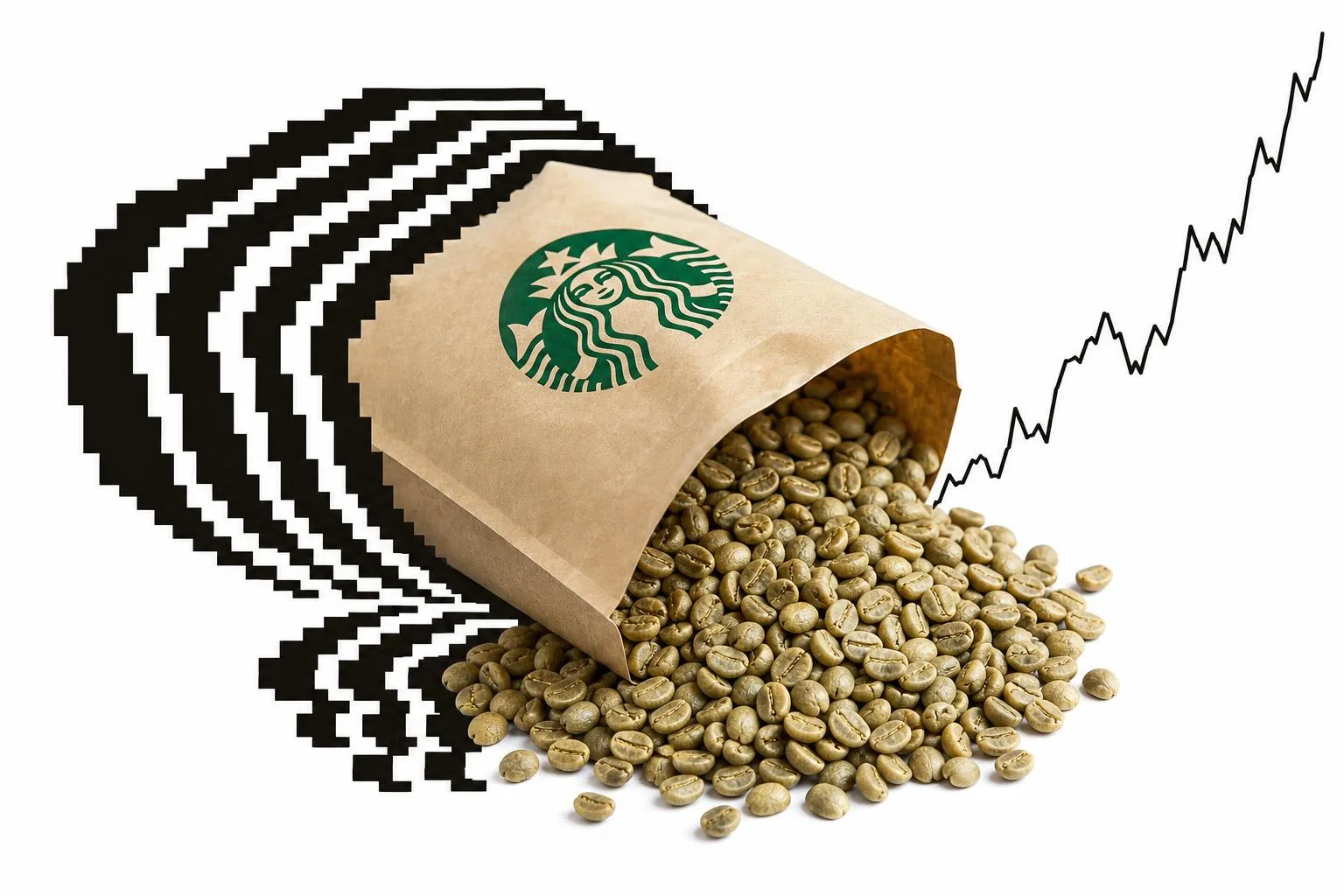 A small bag of pale green unroasted Geisha coffee beans spilling out, with a thin rising price line behind it, set against a stylised patterned field.