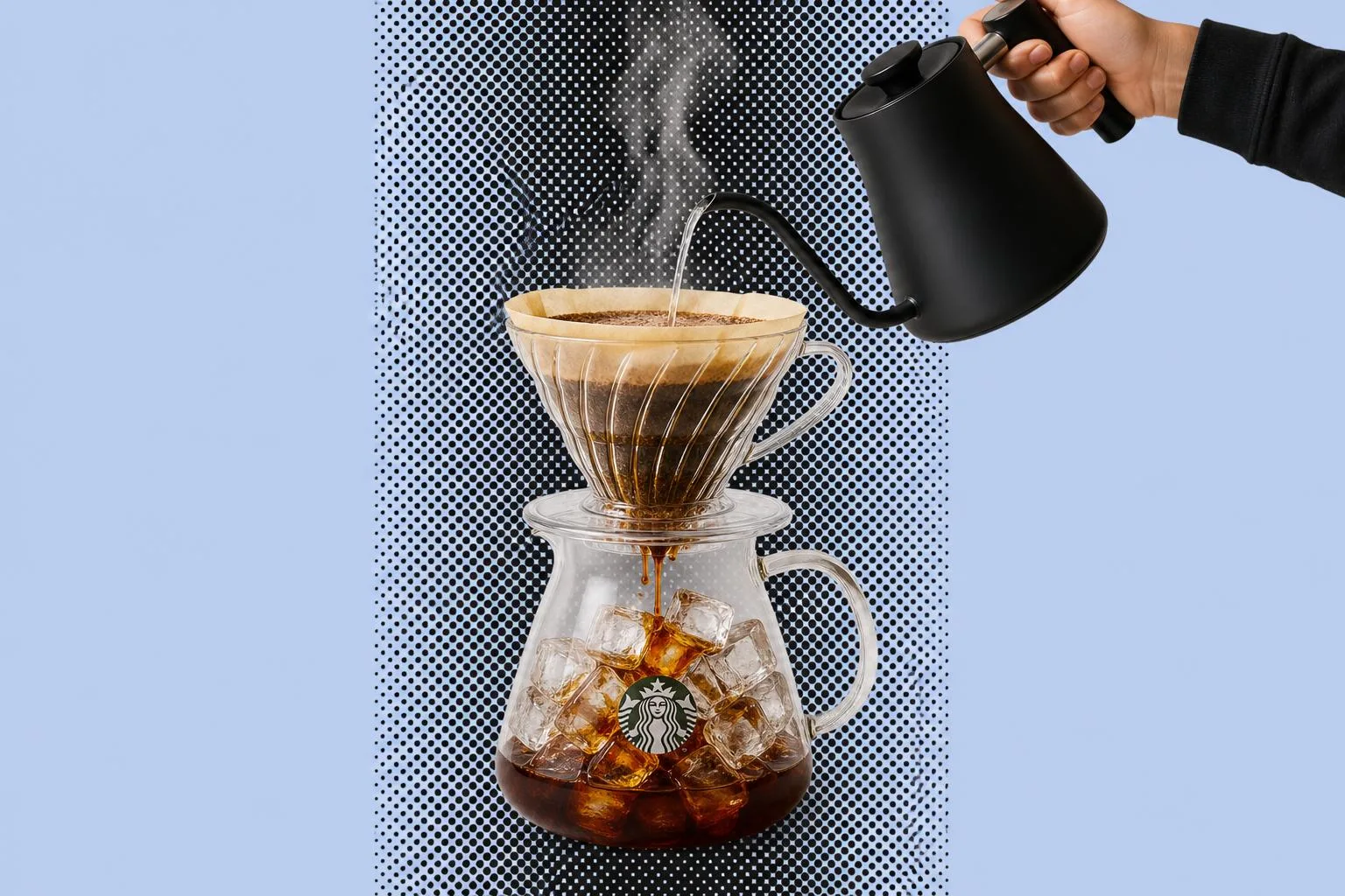 A glass pour-over dripper brewing onto a carafe of ice cubes, steam rising, set against a stylised patterned field.