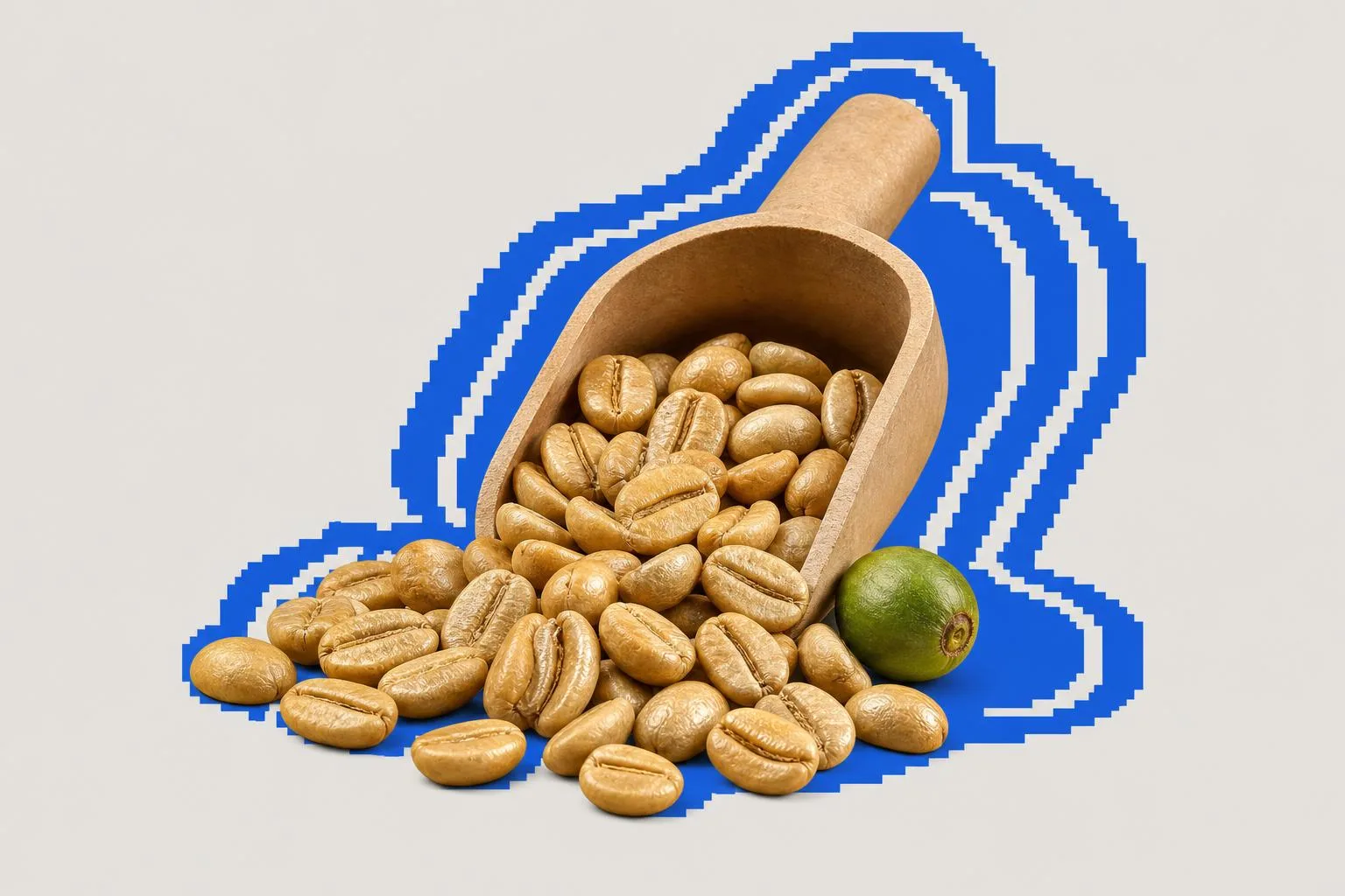 A cutout photo of glossy roasted coffee beans spilling from a plain scoop with one green cherry beside them, set against a stylised patterned field.