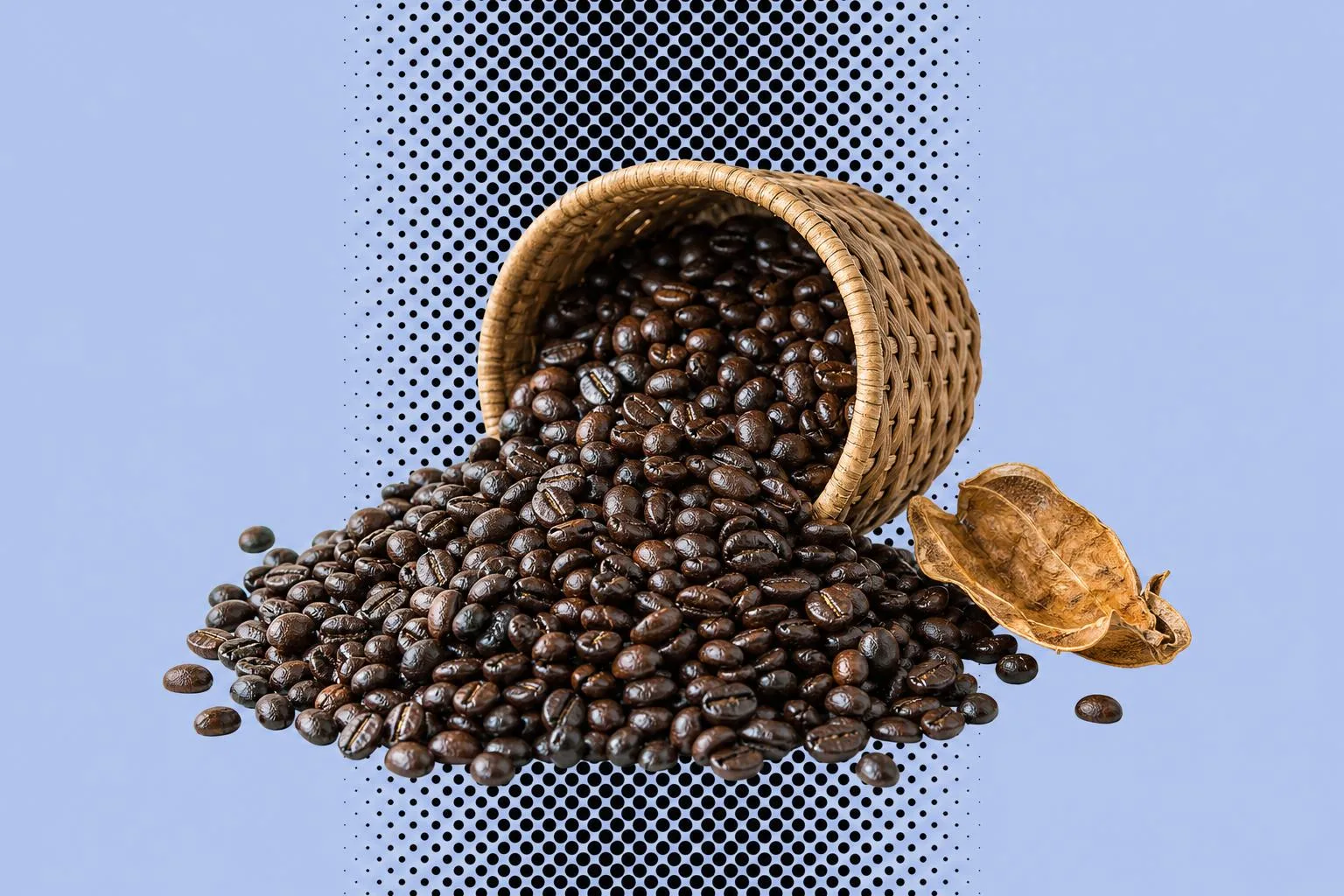 A cutout photograph of roasted Sumatran coffee beans spilling from a woven basket with a coffee parchment husk beside them, set against a stylised patterned field